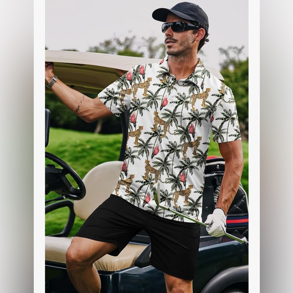 Tropical Palm & Leopard Print Short Sleeve Shirt - White mens large